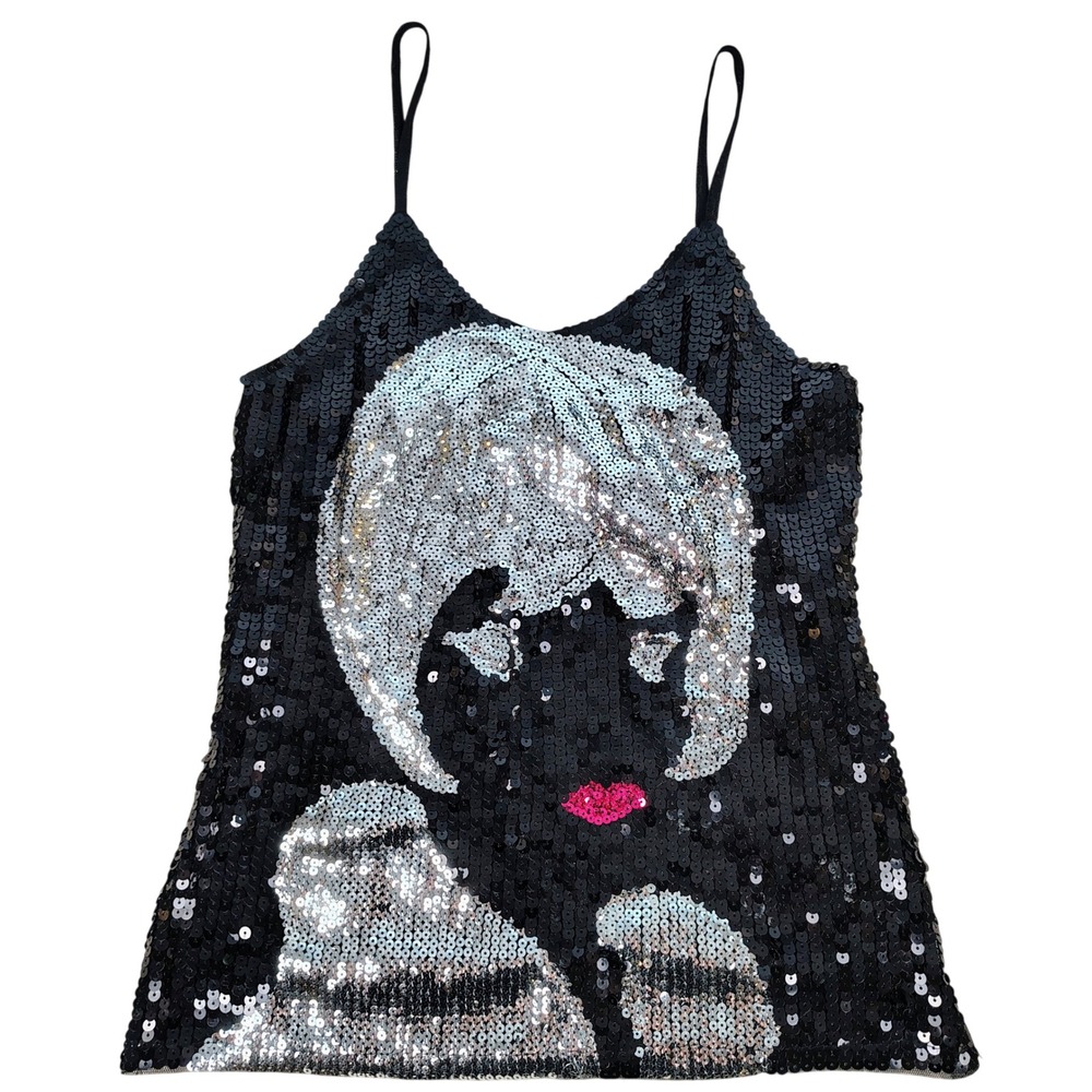 Womens OS Solution Sequin Graphic Cami Top Black Silver Y2K Glam Pop Art